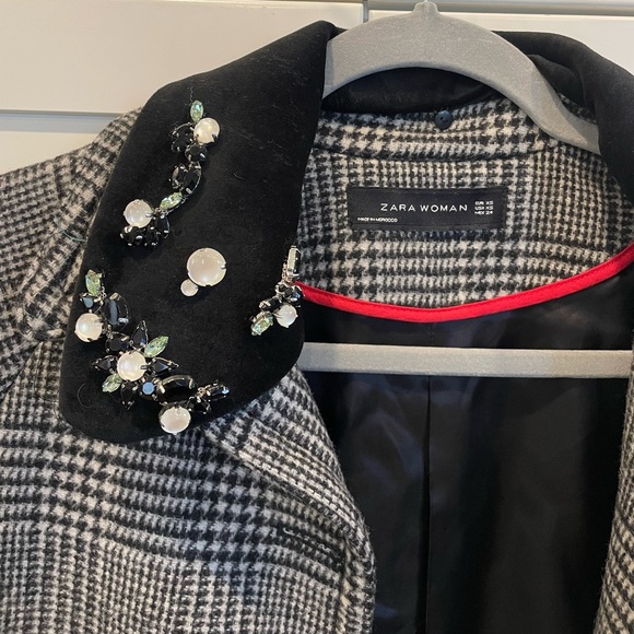 ZARA BLACK/WHITE WOOL MIX CHECK COAT REMOVABLE COLLAR XS - Picture 4 of 7